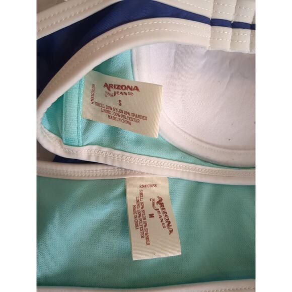 Arizona Woman's Size Sm/Md 2 Piece Swimsuit Bikini Blue Pink Teal White - Picture 3 of 4